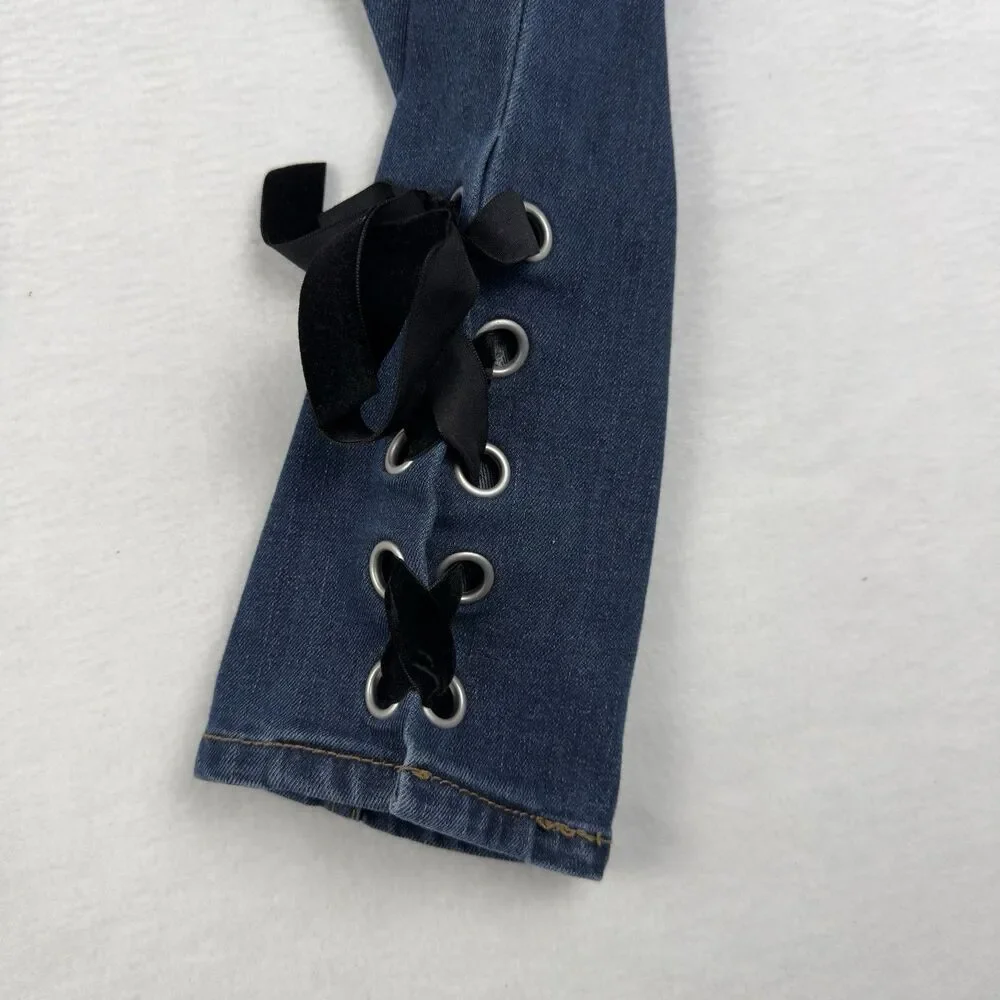 Cato High Rise Jeans Lace up Hem Women's 10 Petite (30x27 Fit) Dark Blue Denim - Picture 5 of 15